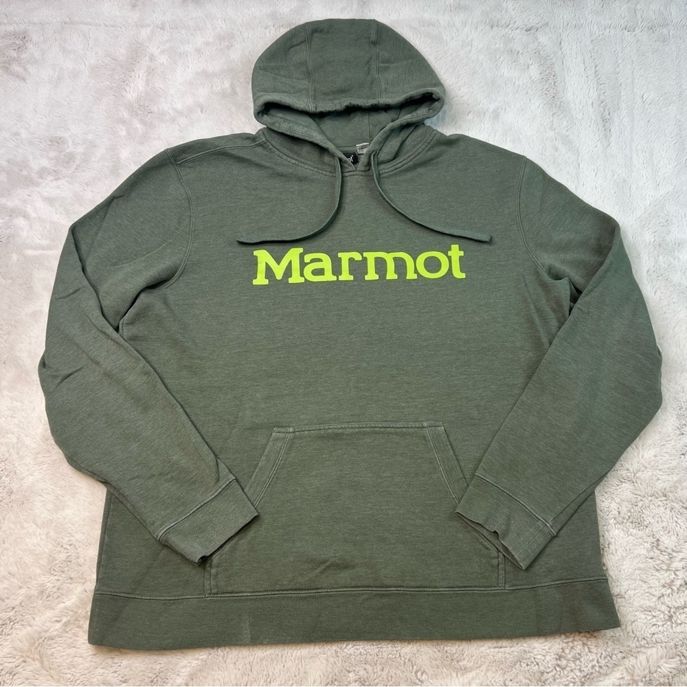 Marmot Hoodie Retro Pullover Sweatshirt Outdoor Hiking Mens 2XL Green Logo